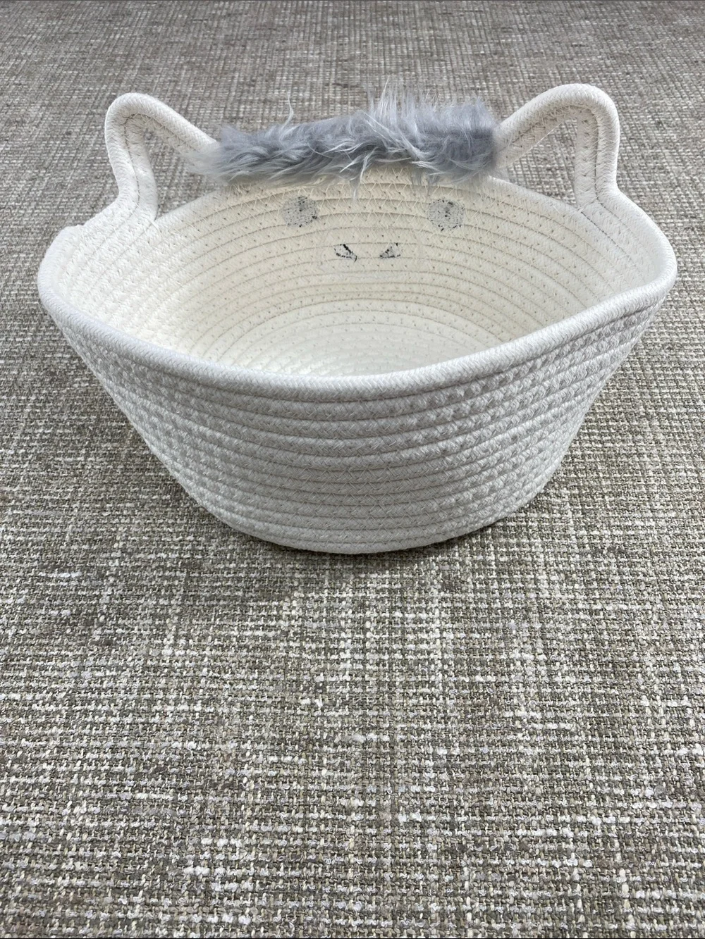 White Rope Storage Basket with Gray Faux Fur Details cute cow